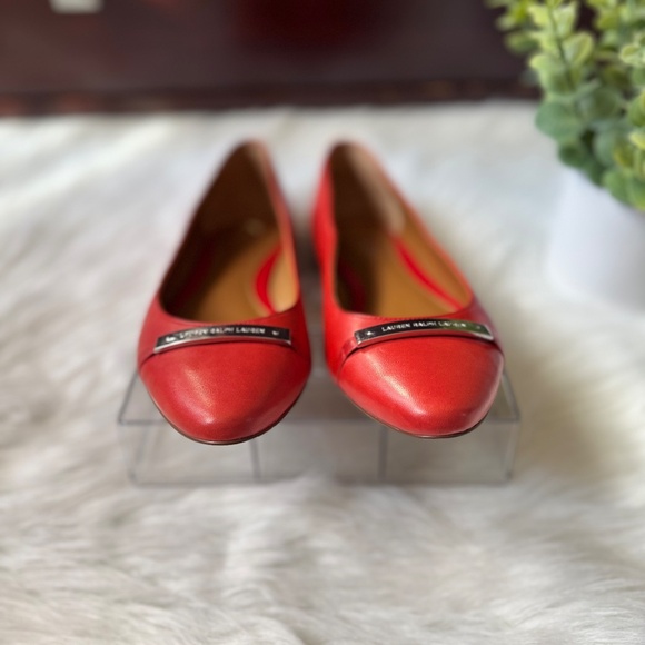 Lauren Ralph Lauren Jayna Nappa Red Leather Flats 9B Silver-tone Metal Logo - Picture 11 of 14